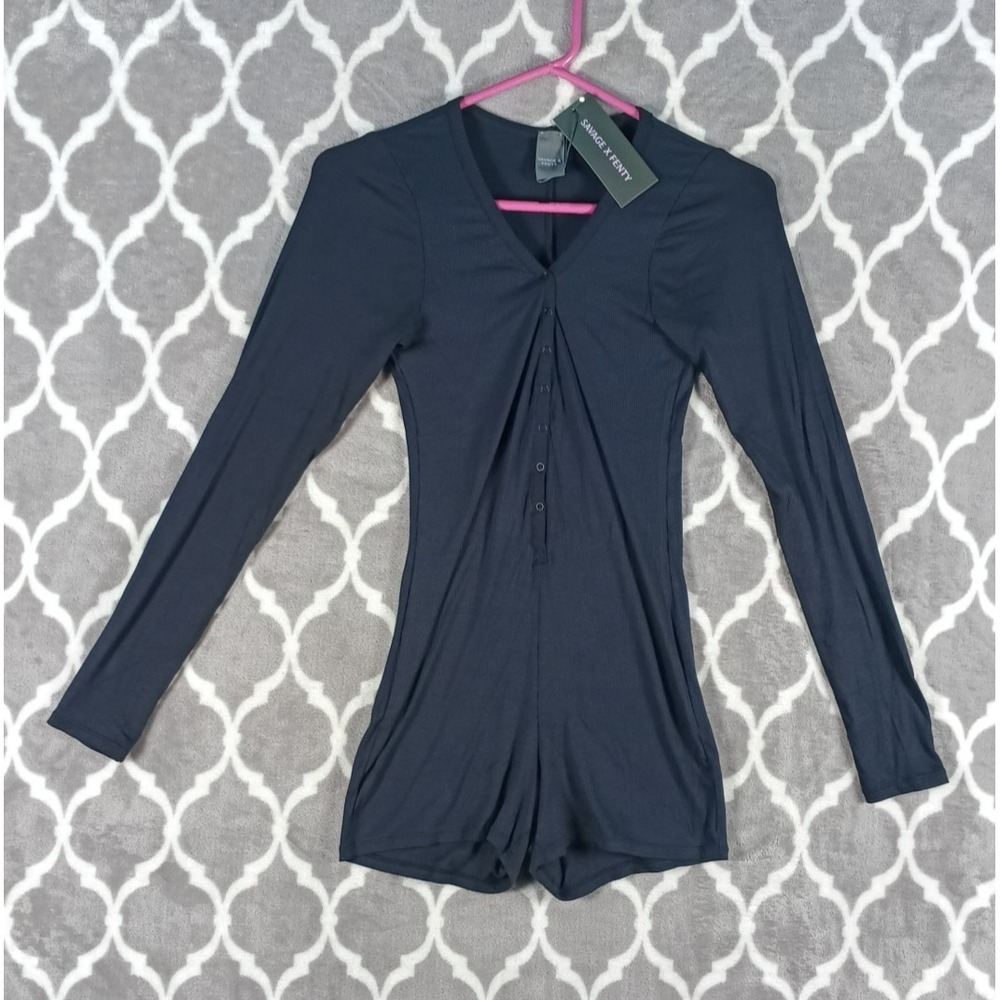 Savage X Fenty Sleepwear Romper Women Small Black Ribbed Long Sleeve Snap Up